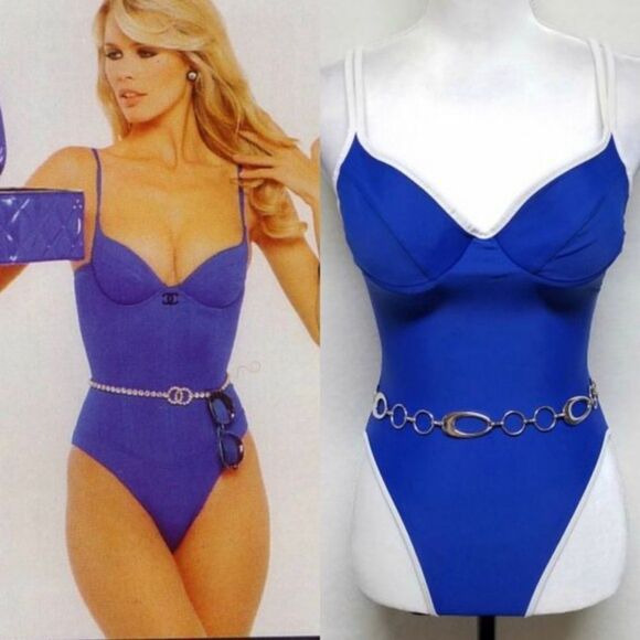 VINTAGE Anne Cole Blue Chain Belted Pinup Swimsuit - Picture 1 of 12